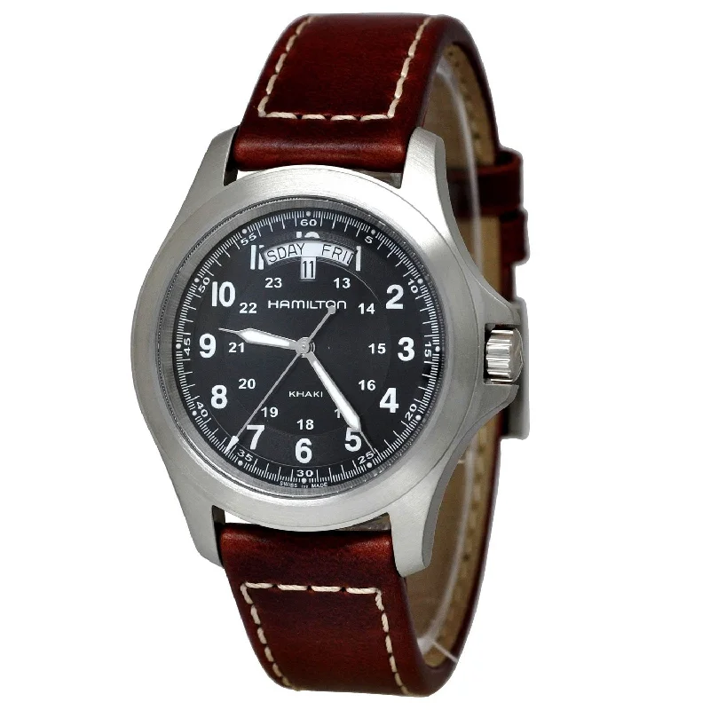 Stainless Steel Dress Watches for BusinessmenHamilton Men's H64451533 Khaki King Brown Leather Watch